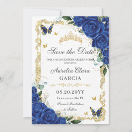 Elegant Quinceañera Royal Blue Blommigt Vintage Gu Spara Datumet