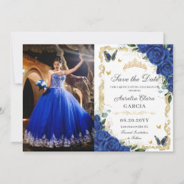 Elegant Quinceañera Royal Blue Blommigt Vintage Gu Spara Datumet