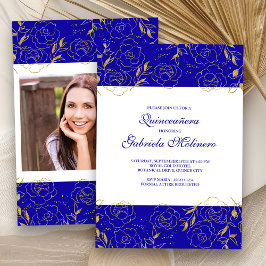 Elegant Quinceanera Royal Blue Guld Blommigt Photo Inbjudningar
