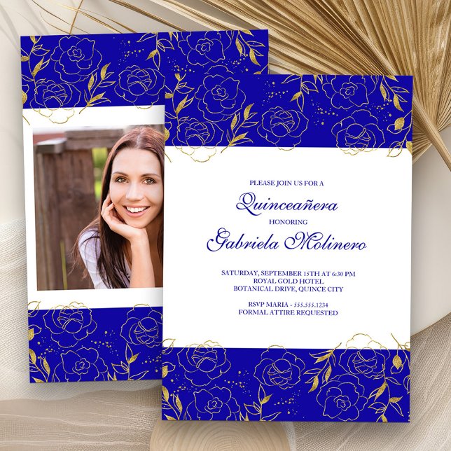Elegant Quinceanera Royal Blue Guld Blommigt Photo Inbjudningar (Photo Quinceanera Invitation from my Elegant Gold Flowers Quinceanera Collection)
