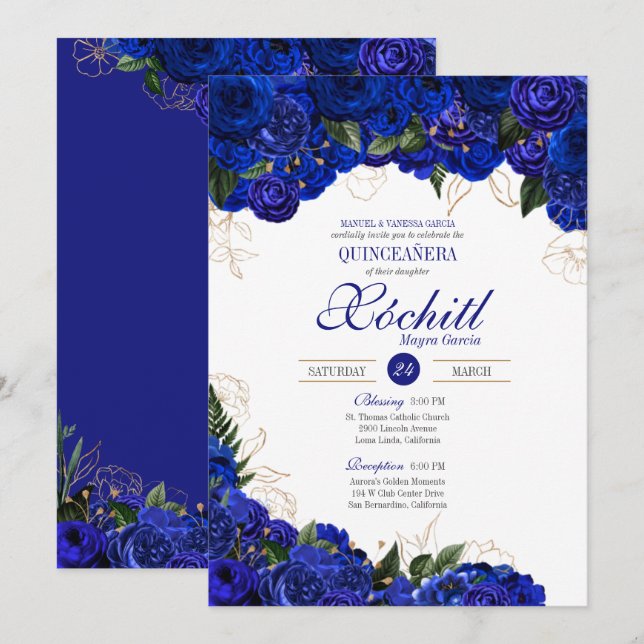 Elegant Quinceanera - Royal Blue Guld Ro Blommigt Inbjudningar (Fram/baksida)