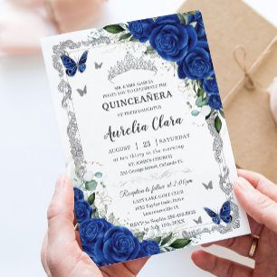 Elegant Quinceañera Royalblå Blommig Vintage Silve Inbjudningar