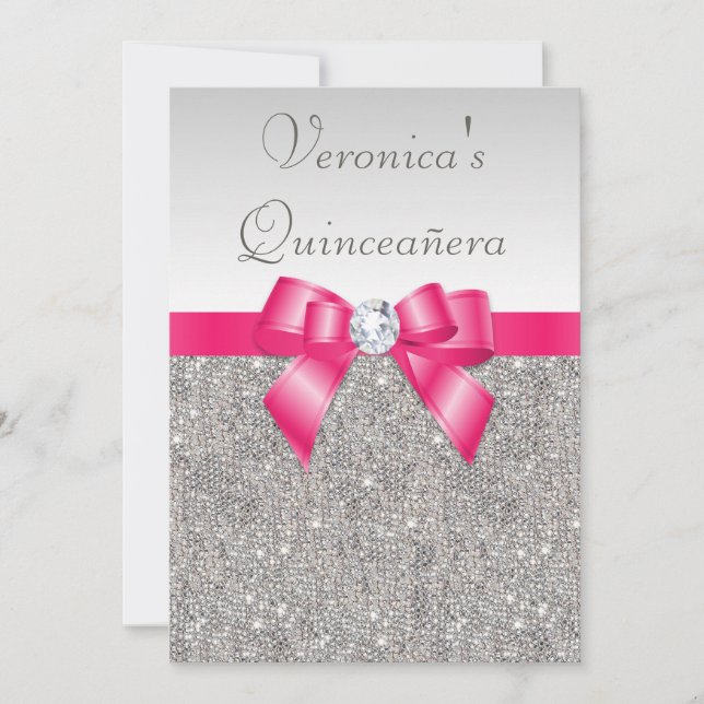 Elegant Quinceañera Silver Sequins Shock rosa Bow Inbjudningar (Framsida)