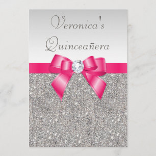 Elegant Quinceañera Silver Sequins Shock rosa Bow Inbjudningar