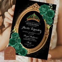 Elegant Quinceanera svart smaragdgrön inbjudan