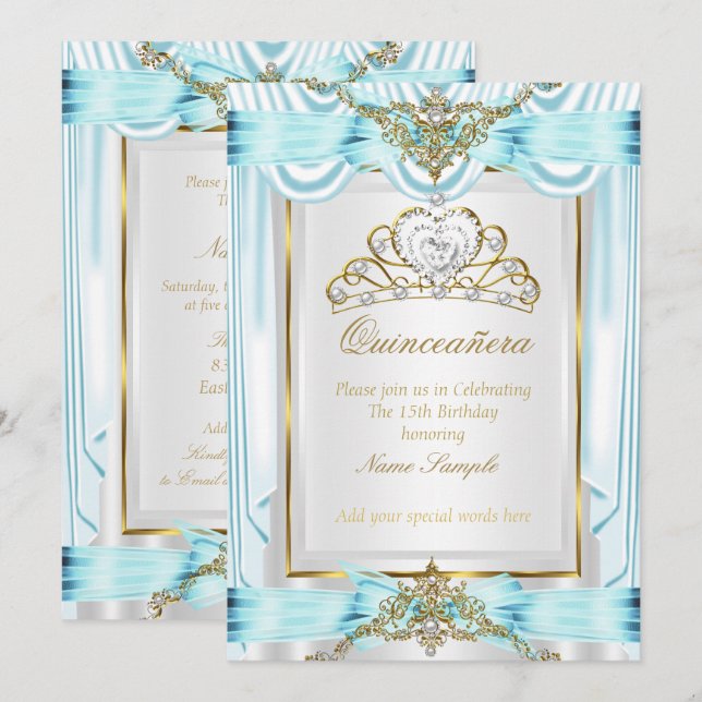 Elegant Quinceanera Teal Blue Guld Silver White Inbjudningar (Fram/baksida)