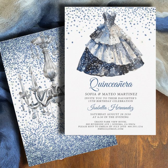 Elegant Quineanera Blue Glitter Blue Gown Party Inbjudningar (Skapare uppladdad)