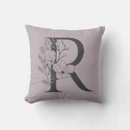 Elegant R Boho Blommigt Monogram Initial Lilac Grå Kudde