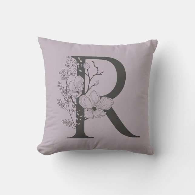 Elegant R Boho Blommigt Monogram Initial Lilac Grå Kudde (Framsida)