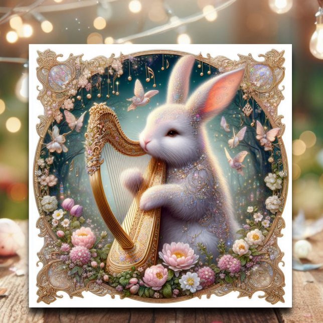 Elegant Rabbit Flowers Music Art nouveau Julkort (Skapare uppladdad)