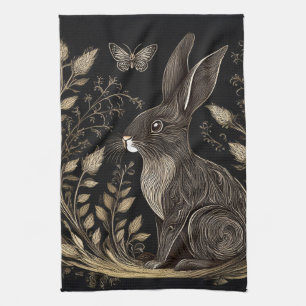 Elegant Rabbit in Black and Beige Kökshandduk