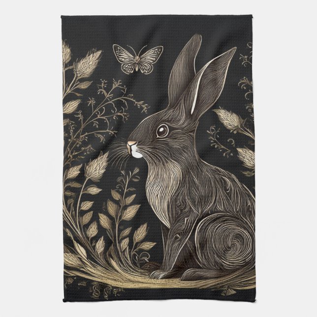 Elegant Rabbit in Black and Beige Kökshandduk (Vertikal)