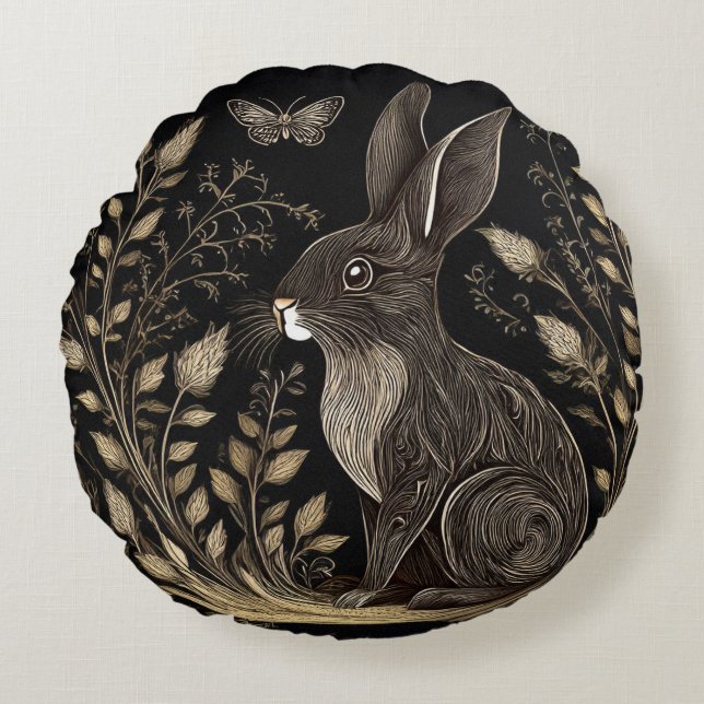 Elegant Rabbit in Black and Beige Rund Kudde (Framsidan)