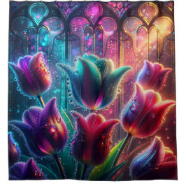 "Elegant Rain-Soaks Tulips in Cathedral Windows"