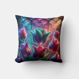 "Elegant Rain-Soaks Tulips in Cathedral Windows" Kudde