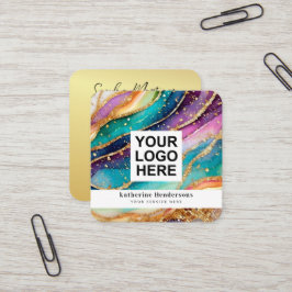 Elegant Rainbow Agate gold Glitter & QR Code Logo Fyrkantigt Visitkort