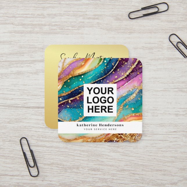 Elegant Rainbow Agate gold Glitter & QR Code Logo Fyrkantigt Visitkort (Fram/Back In Situ)