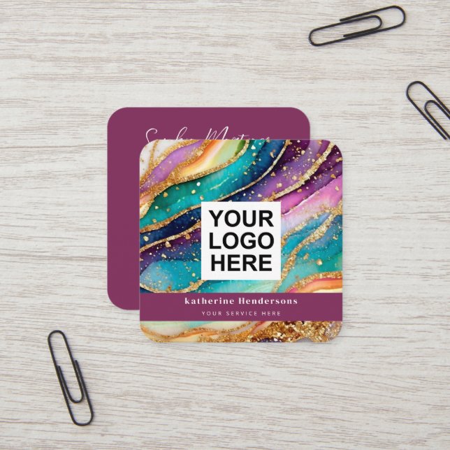 Elegant Rainbow Agate gold Glitter & QR Code Logo Fyrkantigt Visitkort (Fram/Back In Situ)