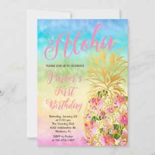 Elegant Rainbow Aloha Pineapple First Birthday Inbjudningar