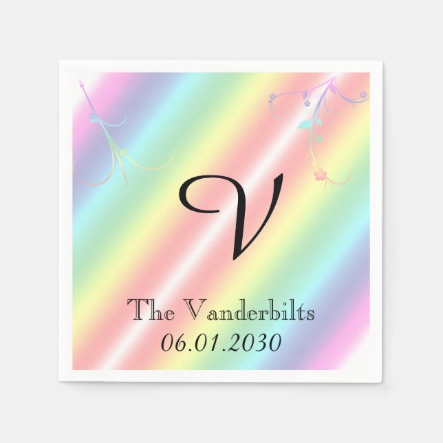 Elegant Rainbow Blommigt Monogram Bröllop Pappersservett (Framsidan)