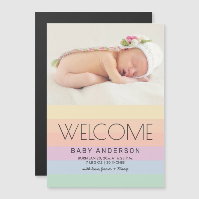 Elegant Rainbow Cute Baby Photo Birth Notice Magnetisk Inbjudningskort (Fram/baksida)