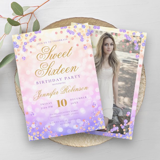 Elegant Rainbow Ljus & Confetti Photo Sweet 16 Inbjudningar (Elegant Rainbow Lights & Confetti Photo Sweet 16 Invitation)