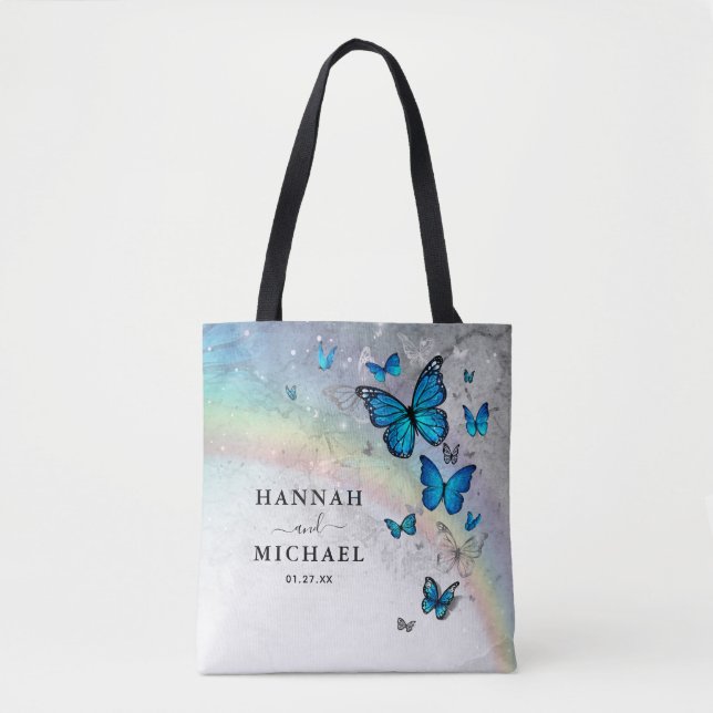 Elegant Rainbow Silver och Blue Butterfly Bröllop Tygkasse (Framsida)