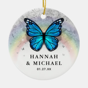 Elegant Rainbow Template Blue Butterfly Bröllop Julgransprydnad Keramik