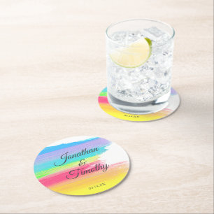 Elegant Rainbow Watercolor Modern LGBTQ Bröllop Underlägg Papper Rund