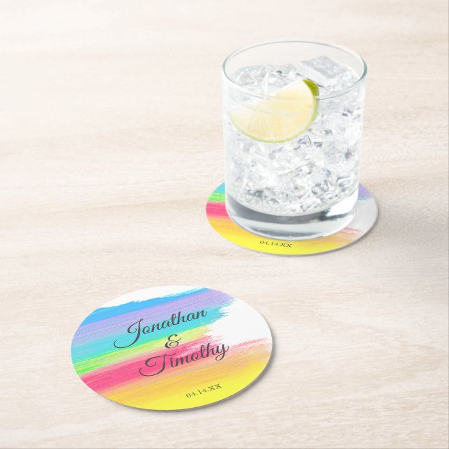 Elegant Rainbow Watercolor Modern LGBTQ Bröllop Underlägg Papper Rund (Insitu)