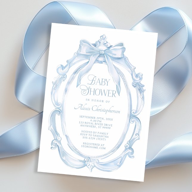 Elegant Ram + Blue Bow Baby Shower Inbjudningar (Shown on a 5" x 7" card)