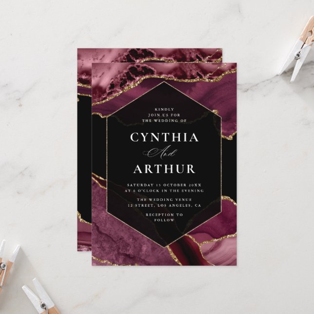 elegant ram burgundy och guld agate bröllop inbjudningar (Fram/Back In Situ)