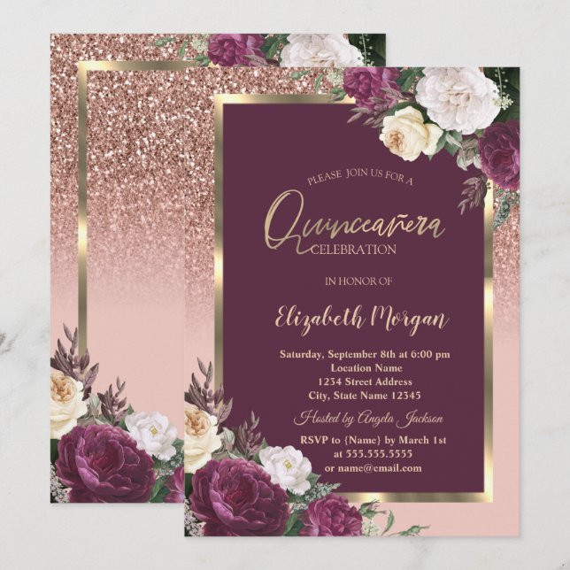 Elegant Ram Burgundy Ro Quinceañera Inbjudningar (Fram/baksida)