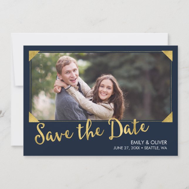 Elegant Ram Faux Guld Blue Photo Save Date Spara Datumet (Framsida)