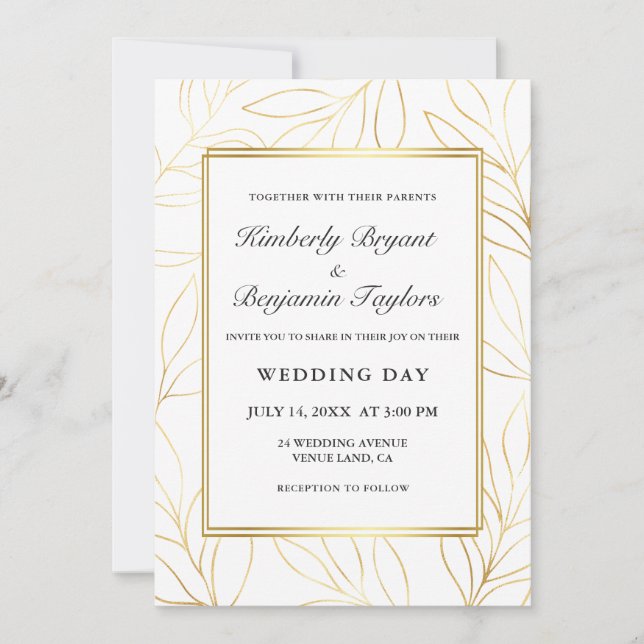 Elegant ram. Guld Airy Foliage Chic Bröllop Inbjudningar (Framsida)