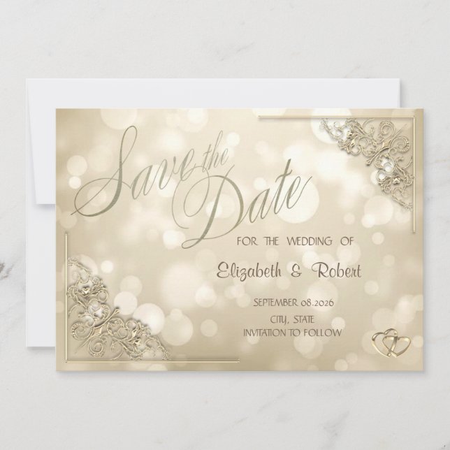 Elegant ram med guldhjärtan Bokeh Save The Date Spara Datumet (Framsida)