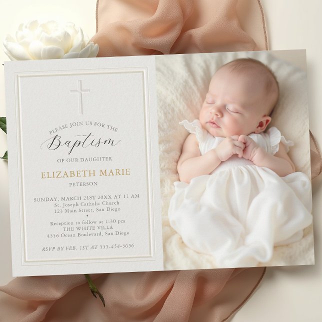 Elegant ram Modern Klassisk Kors Ecru Dop Inbjudningar (baptism invitation party card classic elegant double frame holy cross christening blessing photo)
