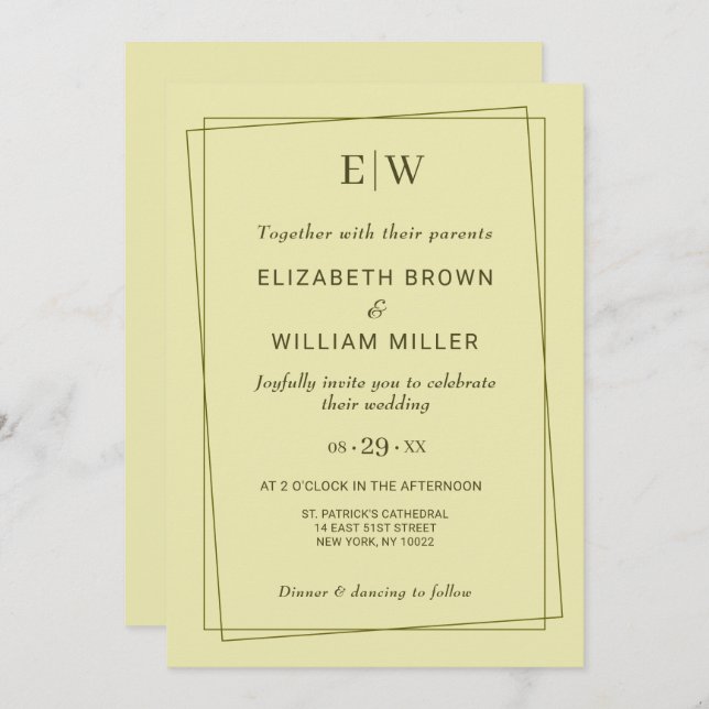 Elegant Ram om Celestial Gult Monogram Bröllop Inbjudningar (Fram/baksida)