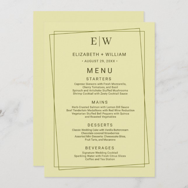 Elegant Ram om Celestial Gult Monogram Bröllop Meny (Fram/baksida)