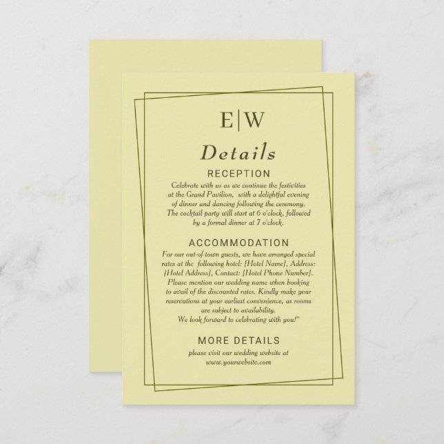 Elegant Ram om Celestial Gult Monogram Bröllop Tilläggskort (Fram/baksida)