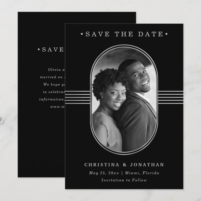 Elegant Ram | Silver och svart med foto Spara Datumet (Fram/baksida)