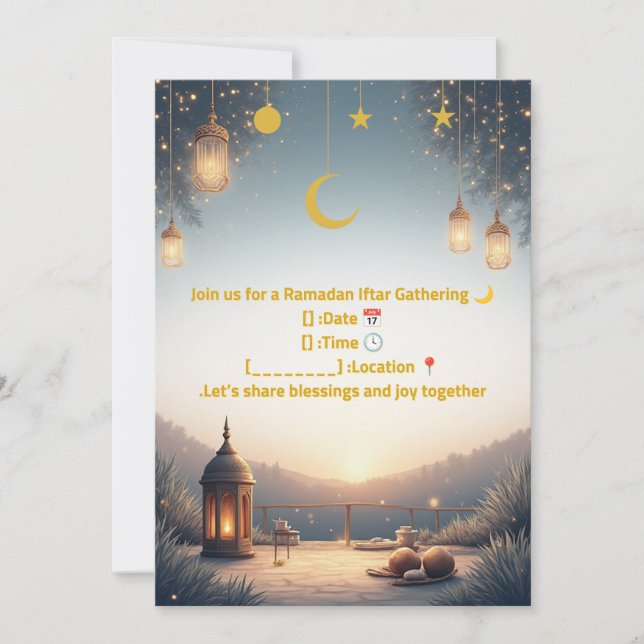 Elegant Ramadan Iftar-inbjudan 🌙 Guld & Marinblå  Inbjudningar (Framsida)