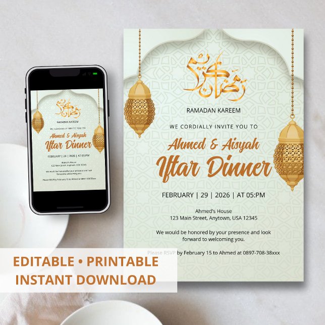 Elegant Ramadan Iftar Invitation with Gold Lantern Inbjudningar (Skapare uppladdad)