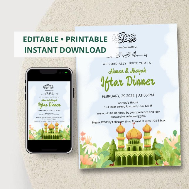 Elegant Ramadan Iftar Invitation with Green Mosque Inbjudningar (Skapare uppladdad)