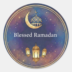 Elegant Ramadan Mubarak nattstjärnor & guldlykta Runt Klistermärke