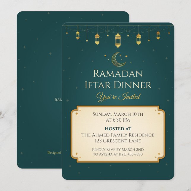 Elegant Ramadanfest med grönt och guld tema Inbjudningar (Fram/baksida)