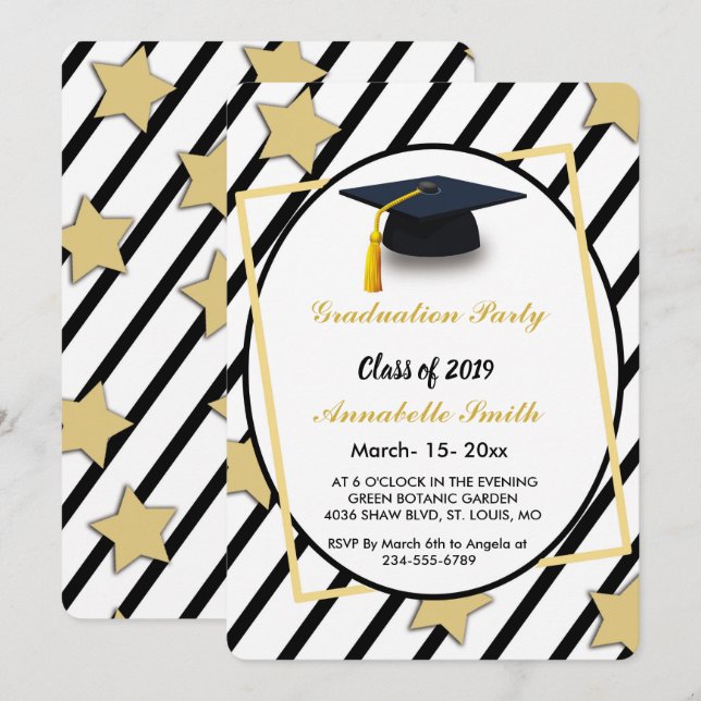 Elegant rand vit och svart studenten inbjudningar (Fram/baksida)