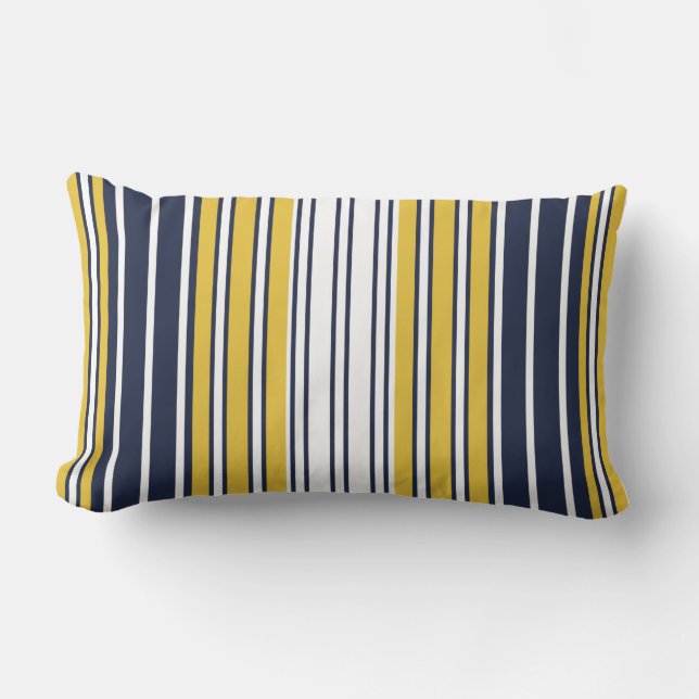 Elegant, ränder, marinblå, senapsgul, vit lumbarkudde (Framsida)