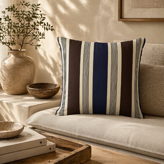 Elegant randig cabana stil marinblå brun  kudde (Skapare uppladdad)