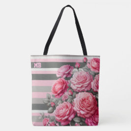 Elegant randig rosa och grå med rosor tygkasse